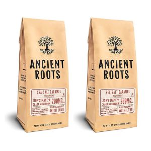 Ancient Roots Sea Salted Caramel Flavored Mushroom Medium Roast Ground Coffee, 2/12 oz Bags