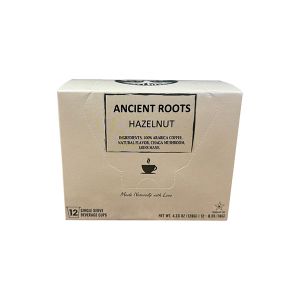 Ancient Roots Single Serve Mushroom Coffee, Made with Chaga and Lion&#039;s Mane, 100% Arabica, Medium Roast, (Hazelnut) (12 Count)