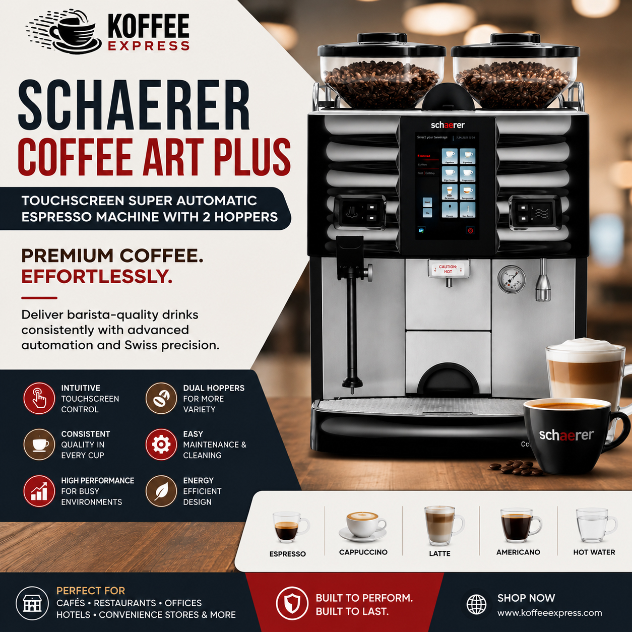 Schaerer Coffee Art Plus Touchscreen Super Automatic Espresso Machine with 2 Hoppers: Premium Coffee Performance for High-Volume Businesses